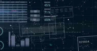 Siyah arkaplan üzerinden finansal veri işleme animasyonu. Küresel finans, iş, bağlantılar, hesaplama ve veri işleme kavramı dijital olarak oluşturulmuş video.