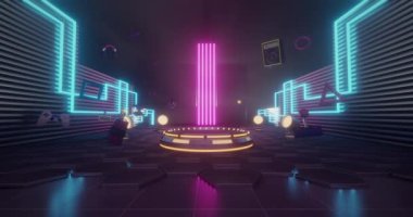 Siyah arka planda sahnesi olan neon oyun özelliklerinin animasyonu. Video oyunu, hareket ve renk konsepti dijital olarak oluşturuldu.