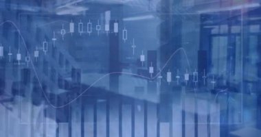 Boş ofis üzerinden finansal veri işleme animasyonu. Küresel finansman, iş ve dijital arayüz kavramı dijital olarak oluşturulmuş video.