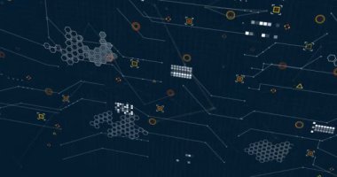 Siyah arkaplanda veri işleme ağı ile bağlantıların animasyonu. Küresel teknoloji, bilgisayar ve dijital arayüz kavramı dijital olarak oluşturulmuş video.