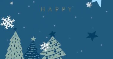 Mutlu bayramlar 2023 yazıları ve mavi arka plandaki Noel ağacının üzerine yağan kar. Noel, şenlik, kutlama ve gelenek konsepti dijital olarak oluşturuldu.