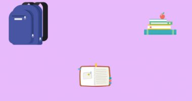 Mor arkaplanda kopya alanı ile hareket eden okul ögesi simgelerinin canlandırması. Dijital olarak üretilen eğitim, öğrenme ve bilgi konsepti.