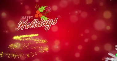 Kırmızı arka planda yılbaşı ağacının üzerine düşen mutlu bayram mesajları ve kar animasyonları. Noel, şenlik, kutlama ve gelenek konsepti dijital olarak oluşturuldu.
