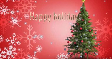 Kış manzarasında yılbaşı ağacı üzerinden mutlu bayramlar mesajı. Noel, şenlik, kutlama ve gelenek konsepti dijital olarak oluşturuldu.