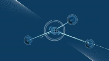 Bağlı kürelerin ve mavi arkaplandaki veri işleme ağının animasyonu. Bağlantı, ortam, veri, dijital arayüz ve dijital olarak oluşturulan küresel iletişim.