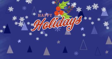 Mutlu bayramlar mesajı ve mavi arka planda düşen Noel ağaçlarının animasyonu. Noel, şenlik, kutlama ve gelenek konsepti dijital olarak oluşturuldu.