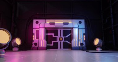 Siyah arka planda ışıkları olan neon oyun özelliklerinin animasyonu. Video oyunu, hareket ve renk konsepti dijital olarak oluşturuldu.
