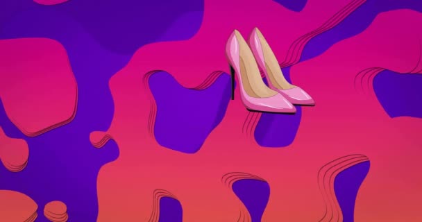紫とピンクの抽象的な背景にピンクのハイヒールシューズのアニメーション ファッション スタイル レトロ デザイン ソーシャルメディア デジタルインターフェース コミュニケーションがデジタル生成されたビデオ — ストック動画