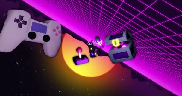 Animatie Van Gaming Functies Apparatuur Met Zonsondergang Raster Zwarte Achtergrond — Stockvideo