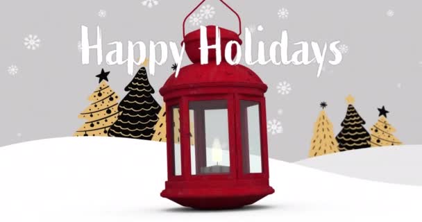 Animation Happy Holidays Text Snow Falling Christmas Lantern Trees Winter — Stock Video