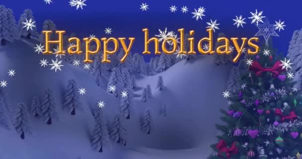 青い背景にクリスマスツリーの上に落ちる幸せな休日のテキストと雪のアニメーション クリスマス お祭り お祝い 伝統的なコンセプトデジタル生成ビデオ — ストック動画