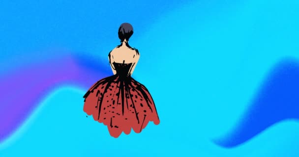 Animation Mode Ritning Kvinna Aftonklänning Blå Bakgrund Mode Stil Kläder — Stockvideo