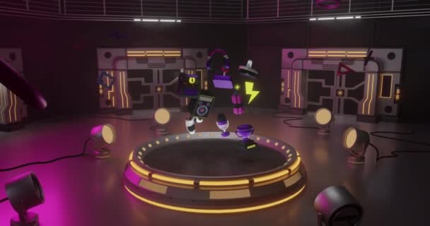 ネオンゲームのアニメーションは 黒い背景で回転するステージとスポットライトを備えています ビデオゲーム ムーブメント カラーコンセプトデジタル生成ビデオ — ストック動画
