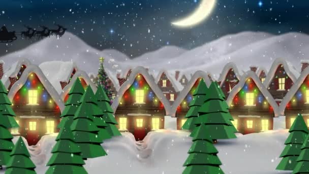 Анімація Снігу Падає Санта Клауса Санчатах Тягнених Оленями Над Зимовим — стокове відео