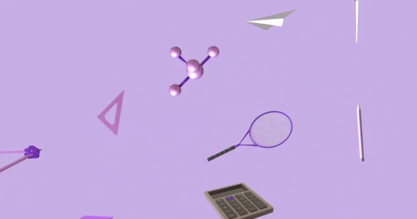 Анімація Піктограм Шкільних Предметів Рухаються Простором Копіювання Фіолетовому Тлі Концепція — стокове відео