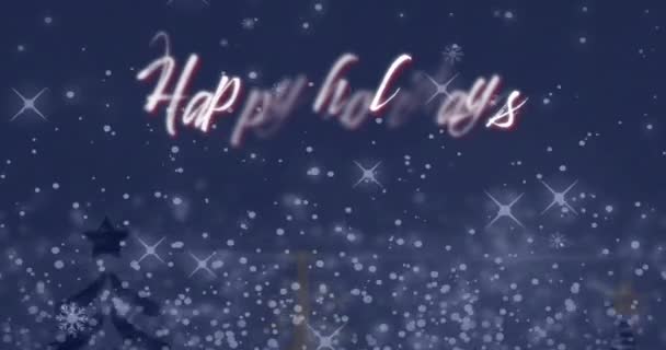 Анімація Веселих Свят Текст Сніг Падають Над Ялинками Синьому Фоні — стокове відео
