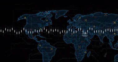 Dünya haritasında finansal veri işleme animasyonu. Küresel finans, iş, bağlantılar, hesaplama ve veri işleme kavramı dijital olarak oluşturulmuş video.