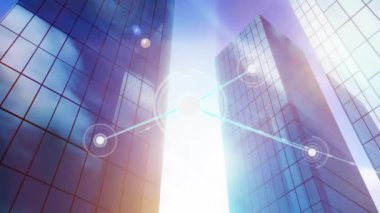Lenslerin üzerindeki noktaların animasyonu ve bulutlu gökyüzüne karşı binaların düşük açılı görüntüsü. Dijital olarak üretilen hologram, illüstrasyon, iletişim, soyut ve mimari kavram.