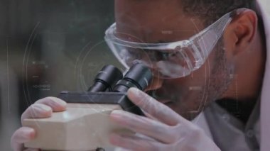 Mikroskobu veri ve hücrelerin üzerinde olan beyaz erkek bilim adamının animasyonu. Küresel bilim, salgın, bağlantılar, hesaplama ve veri işleme kavramı dijital olarak oluşturulmuş video.