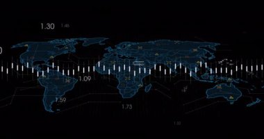Dünya haritasında finansal veri işleme animasyonu. Küresel finans, iş, bağlantılar, hesaplama ve veri işleme kavramı dijital olarak oluşturulmuş video.