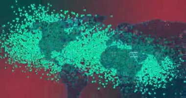 Dünya haritasının üzerindeki DNA iplikçiklerinin animasyonu. Küresel bilim, araştırma, bağlantılar, hesaplama ve veri işleme kavramı dijital olarak oluşturulmuş video.