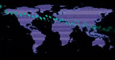 Dünya haritasında finansal veri işleme animasyonu. Küresel finans, iş, bağlantılar, hesaplama ve veri işleme kavramı dijital olarak oluşturulmuş video.