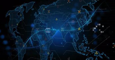 Dünya haritası üzerinde DNA ipliği ve veri işleme animasyonu. Küresel bilim, araştırma, bağlantılar, hesaplama ve veri işleme kavramı dijital olarak oluşturulmuş video.