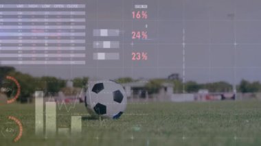 Kafkasyalı futbolcu üzerinden finansal veri işleme animasyonu. Küresel spor, rekabet, bağlantılar, hesaplama ve veri işleme kavramı dijital olarak oluşturulmuş video.