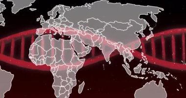 Dünya haritasının üzerindeki DNA iplikçiklerinin animasyonu. Küresel bilim, araştırma, bağlantılar, hesaplama ve veri işleme kavramı dijital olarak oluşturulmuş video.
