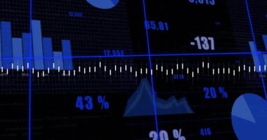 Kara sırtlı şebekeye bağlı finansal veri işleme animasyonu. Küresel finans, iş, bağlantılar, hesaplama ve veri işleme kavramı dijital olarak oluşturulmuş video.