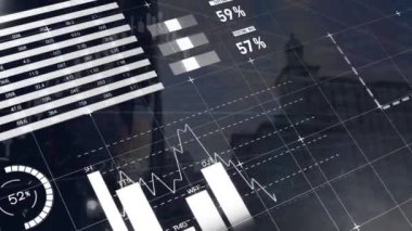 Yüksek binalarda finansal ve istatistiksel veri işleme animasyonu. Küresel finans ve iş veri teknolojisi kavramı