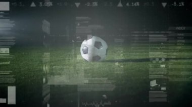 Kafkasyalı futbolcu üzerinden finansal veri işleme animasyonu. Küresel spor, rekabet, bağlantılar, hesaplama ve veri işleme kavramı dijital olarak oluşturulmuş video.