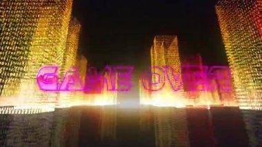 Oyunun animasyonu bitti ve lütfen üçgenlere bozuk para metni takın. Binaların üç boyutlu aydınlatma modeli. Dijital olarak oluşturulmuş, hologram, illüstrasyon, atari, video oyunu, mimari ve teknoloji.