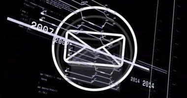 Kara sırtlı şebekeye bağlı finansal veri işleme animasyonu. Küresel finans, iş, bağlantılar, hesaplama ve veri işleme kavramı dijital olarak oluşturulmuş video.