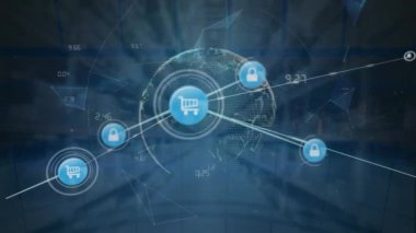 Arka plandaki depoyla bağlantılı simgelerin ve numaraların animasyonu. Dijital bileşik, çoklu pozlama, iletişim, küreselleşme, alışveriş ve dağıtım kavramı.