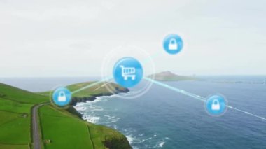 Gökyüzüne karşı yeşil manzara ve deniz üzerindeki çizgilerle bağlı ikonların animasyonu. Dijital bileşik, çoklu pozlama, iletişim, alışveriş, koruma, doğa ve teknoloji.