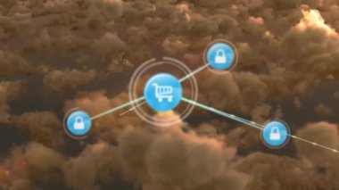 Yoğun bulutların hava görüntüsü üzerinden çizgilerle bağlı simgelerin canlandırılması. Dijital bileşik, çoklu pozlama, iletişim, alışveriş, koruma, güvenlik, bulut manzarası ve teknoloji kavramı.