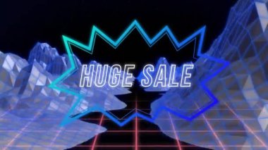 Siyah arkaplana karşı 3d dağının üzerinden konuşma baloncuğu içinde dev satış metinlerinin animasyonu. Dijital olarak üretilen hologram, illüstrasyon, manzara, üç boyutlu, pazarlama ve reklam kavramı.