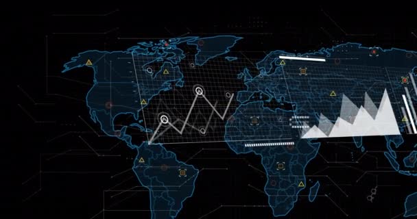 Animação Processamento Dados Financeiros Através Mapa Mundial Conceito Finanças Globais — Vídeo de Stock