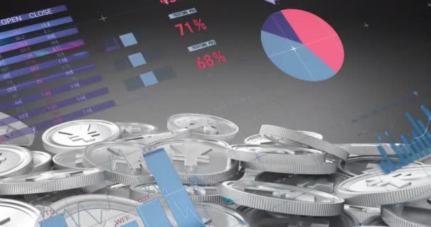 Animation Statistical Data Processing Stack Yen Coins Grey Background Global — Stock Video