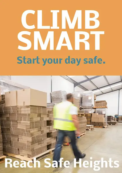 Composite of climb smart reach safe heights text over caucasian male worker in warehouse. Health and safety, work and labor concept digitally generated image.