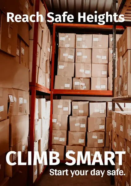 Composite of climb smart reach safe heights text over stack of boxes in warehouse. Health and safety, work and labor concept digitally generated image.