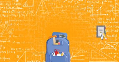 Matematiksel denklemlere karşı okul konsepti simgelerinin sırt çantasının içine düşmesi. Okul ve eğitim kavramı