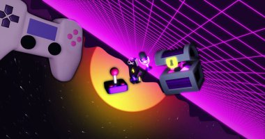 Siyah arka planda gün batımı ve ızgara ile oyun özellikleri ve ekipman görüntüsü. resim oyunu, hareket ve renk konsepti dijital olarak oluşturuldu.