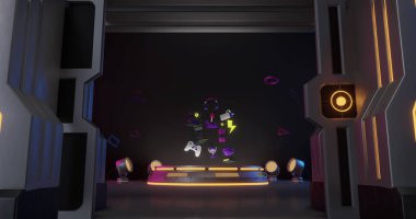 Siyah arka planda sahnesi olan neon oyun özellikleri. resim oyunu, hareket ve renk konsepti dijital olarak oluşturuldu.