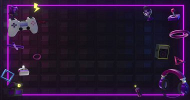 Siyah arkaplanda neon çerçeve, oyun özellikleri ve ekipman görüntüsü. resim oyunu, hareket ve renk konsepti dijital olarak oluşturuldu.
