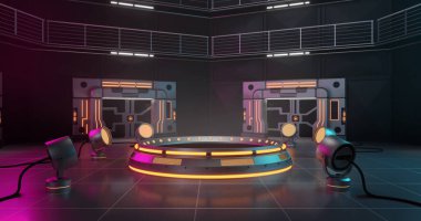 Siyah arka planda sahne ve spot ışıkları olan neon oyun özellikleri. resim oyunu, hareket ve renk konsepti dijital olarak oluşturuldu.