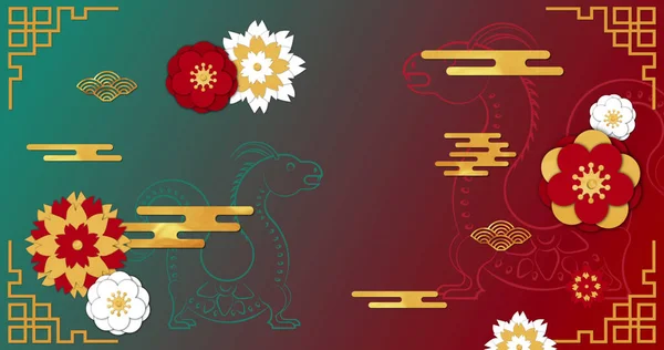 Image of dragons symbols and chinese pattern on red to green background. Chinese new year, tradition and celebration concept digitally generated image.