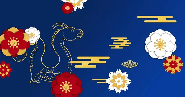 Image of dragon symbol and chinese pattern on blue background. Chinese new year, tradition and celebration concept digitally generated image.