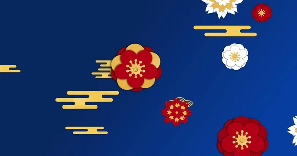 Image of chinese pattern on blue background. chinese new year, tradition and celebration concept digitally generated image.